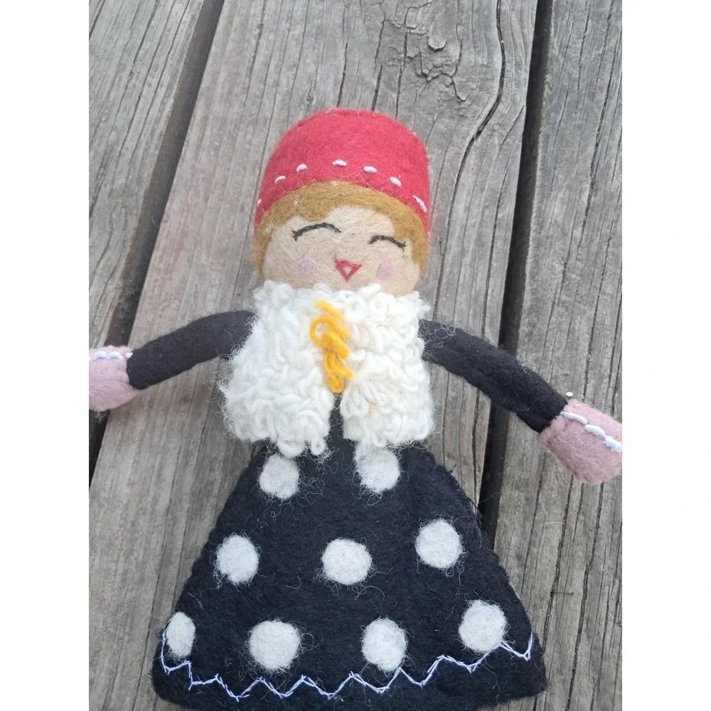 French Knot Felt Doll Red Hat Black Polka Dress Folk Art Plush Soft Toy J22